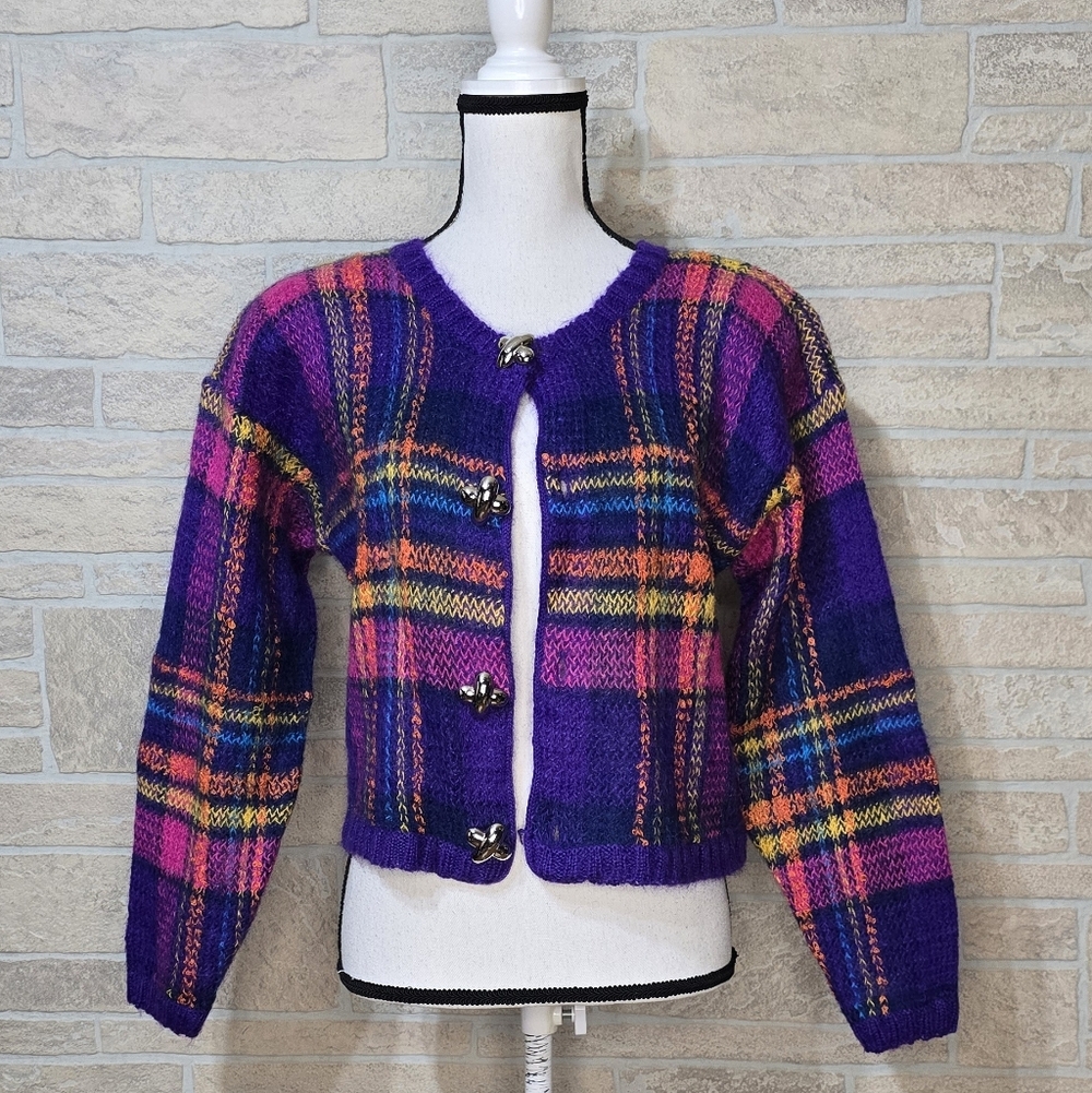 Vintage One Step Up Mohair Blend Plaid Cropped Cardigan L 80s Statement Sweater